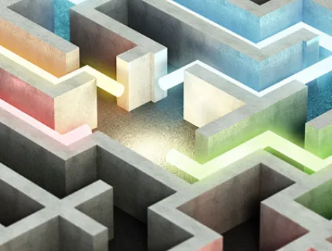 Four different colored glowing lines and arrows showing different ways out of the complex maze